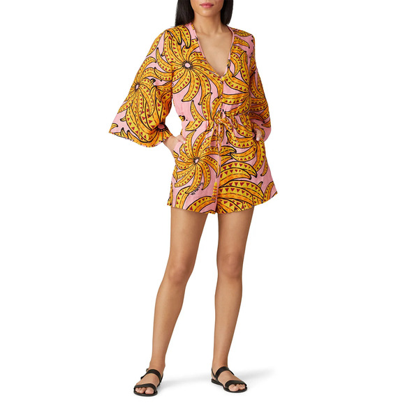 NWT Farm Rio Banana Floral Linen 3/4 Sleeve Romper Pink/Yellow Women's Size S - Picture 1 of 7